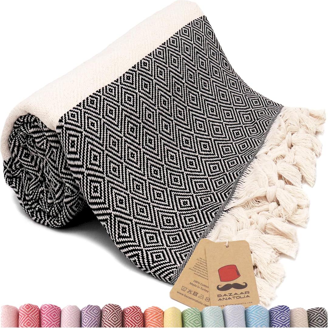 Bazaar Anatolia Turkish Beach Towel  100% Cotton, Quick Dry, Lightweight and Sand Free  Perfect for Bathroom, Travel, Yoga, Camping, Oversized 71x39 inches - Diamond Black