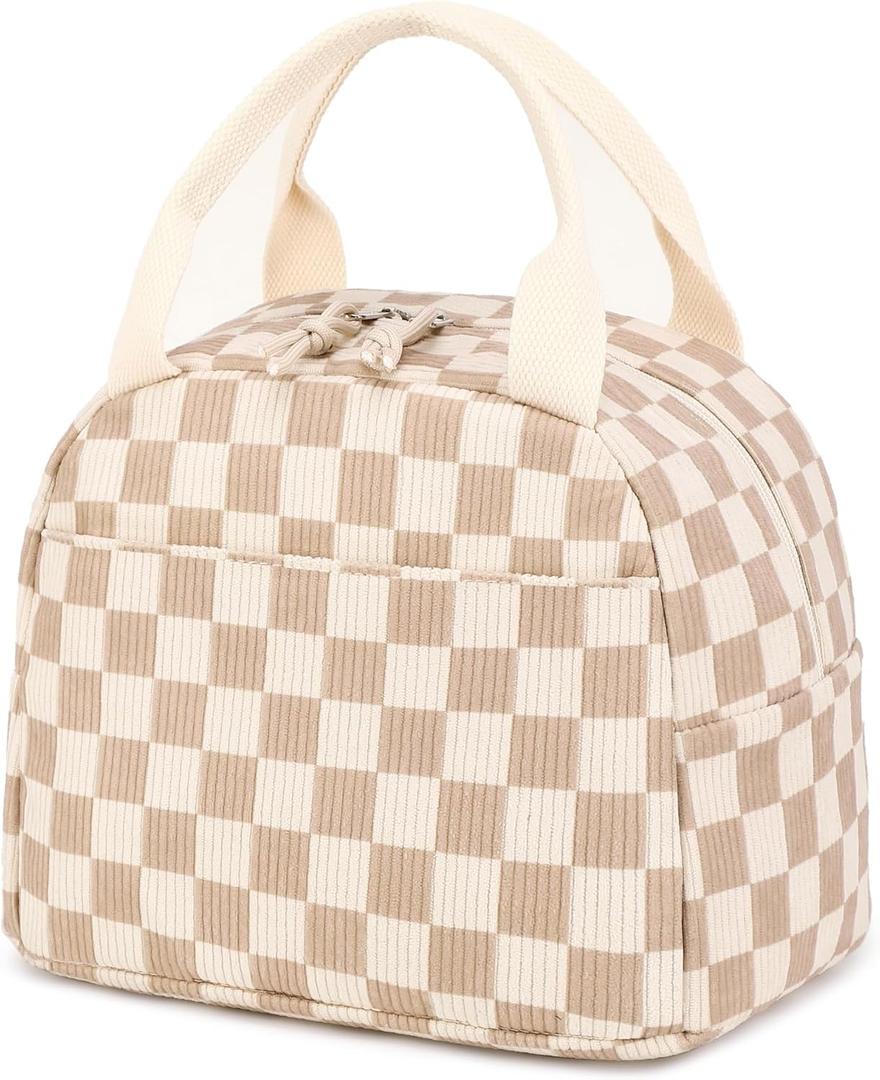 Bluboon Lunch Bag for Women Men Cute Corduroy Lunch Tote Bags Reusable Insulated Lunch Box Large Capacity Reusable Insulated Cooler for Work Picnic or Travel (Corduroy checkered brown)