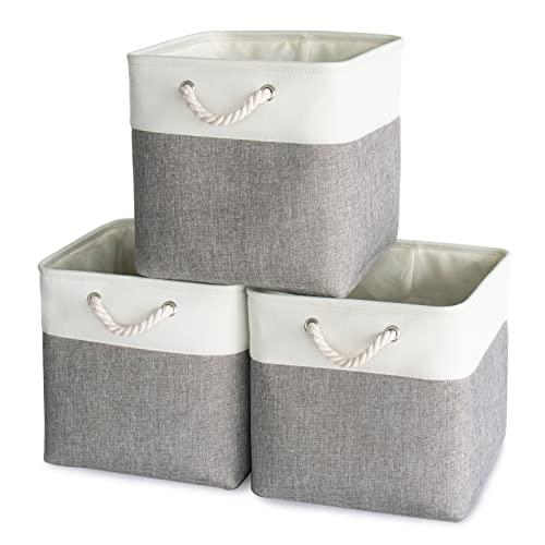 HOdo Home 13×13×13In/3PCS Fabric Storage Bin with Drawstring Closure and 2 Bold Handles, Collapsible Large Canvas Storage Baskets for Organizing Shelf Nursery Home (White & Grey)
