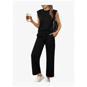 Glamaker Women's 2 Piece Sets Summer Lounge Travel Outfits Sleeveless Wide Leg Airport Casual Trendy Sweatsuits, Size L