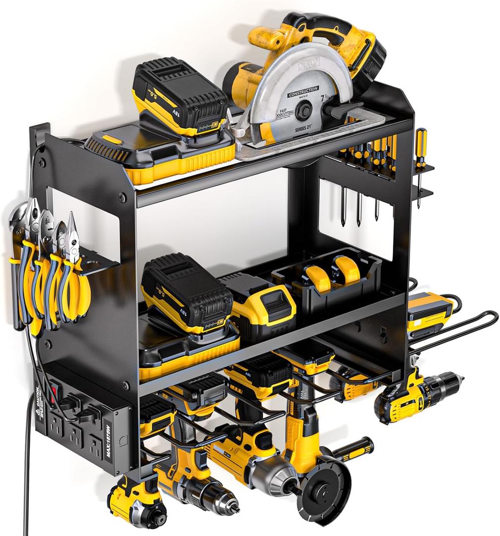 YYR Power Tool Organizer Wall Mount with Charging Station, Cordless Tools Hanger and Battery Storage Rack for Garage Organization, Heavy Duty Drill Holder Shelf Build in Metal Power Strip - Black, 8.1"D x 16.8"W x 16"H