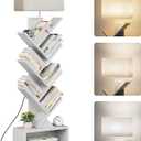 Evermagin 6 Tier Tree Bookshelf with Light, Narrow Bookcase Tower, Tall Floor Standing Book Shelf Organizer with Storage Cabinet for Living Room, Bedroom and Home Office, White