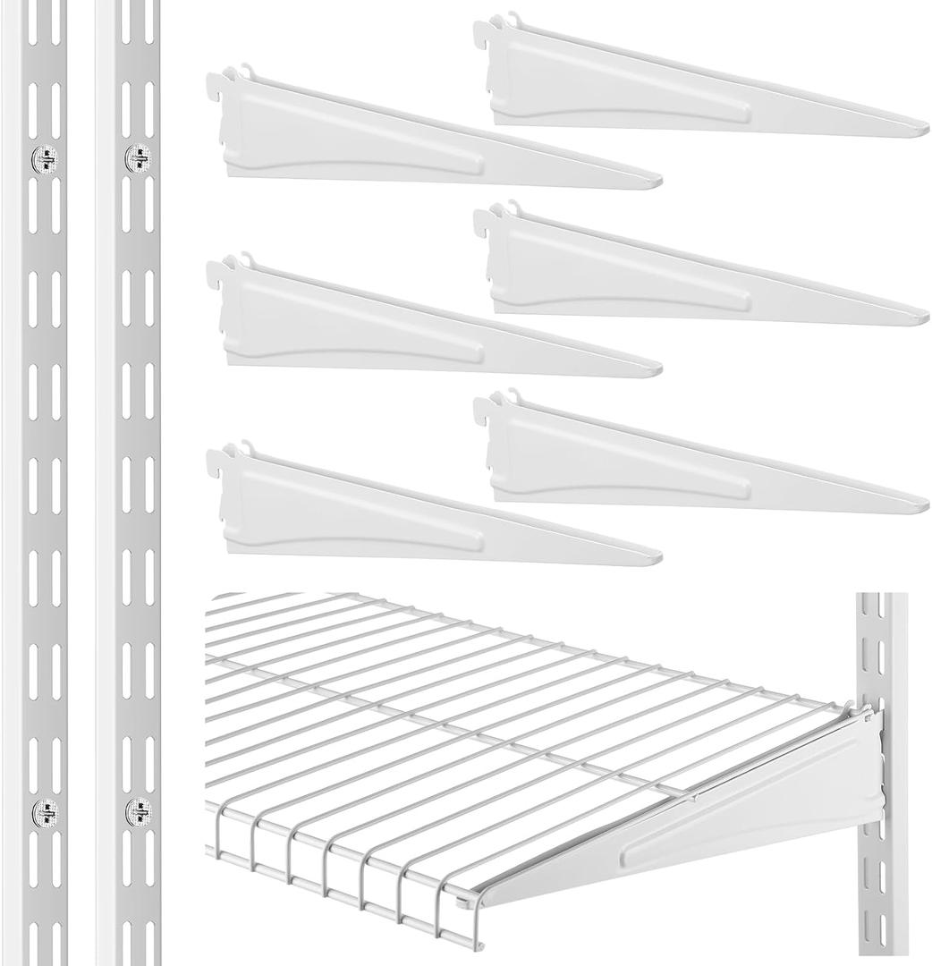CroBlissful 47.5 Inch Twin Rail Upright Wall Shelving System with 16 Inch Locking Shelf Bracket Adjustable Closet System Heavy Duty Metal Support for Deep Wire Shelving Closet (8 Pcs)