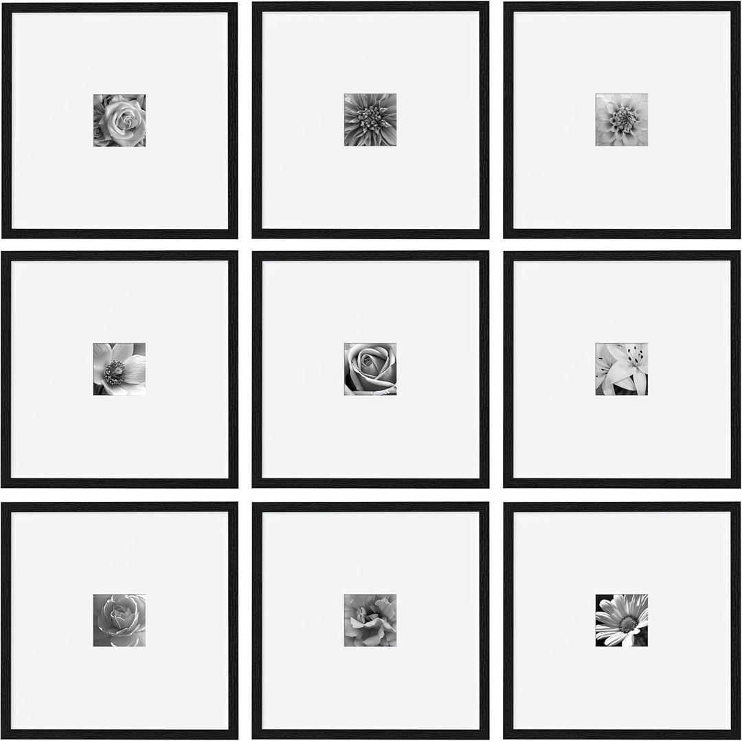 eletecpro 16x16 Picture Frames Set of 9, Classic Gallery Wall Frame Set for 4x4 Photos with Mat or 16x16 without Mat, Large Picture Frame for Art Prints, Black Poster Frames for Home Decor Wall