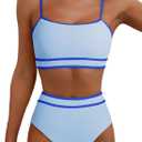 Herseas Women's Ribbed Bikini Sets Color Block Swimsuit High Waisted Bathing Suit (X-Large, Baby Blue)