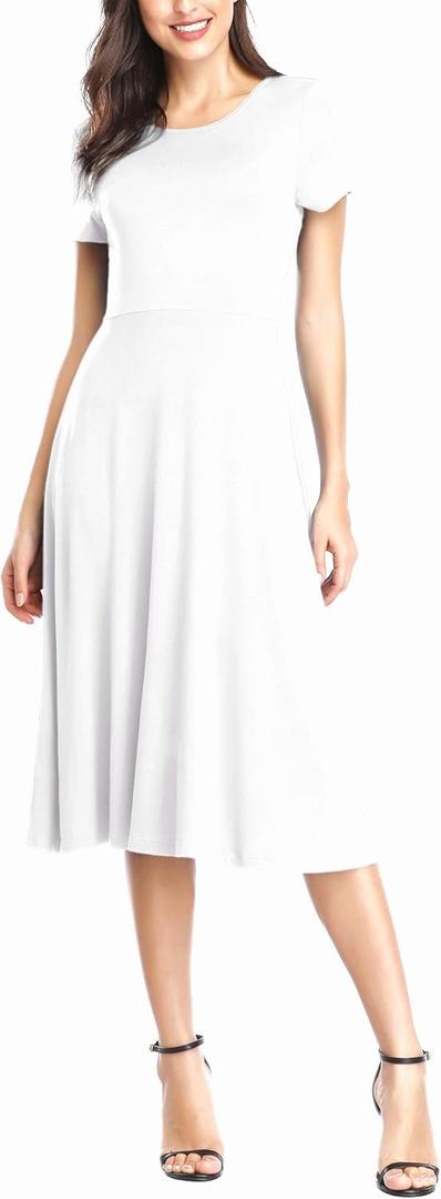Urban CoCo Women's Short Sleeve Waisted Slim Fit Midi Dress (S, White)