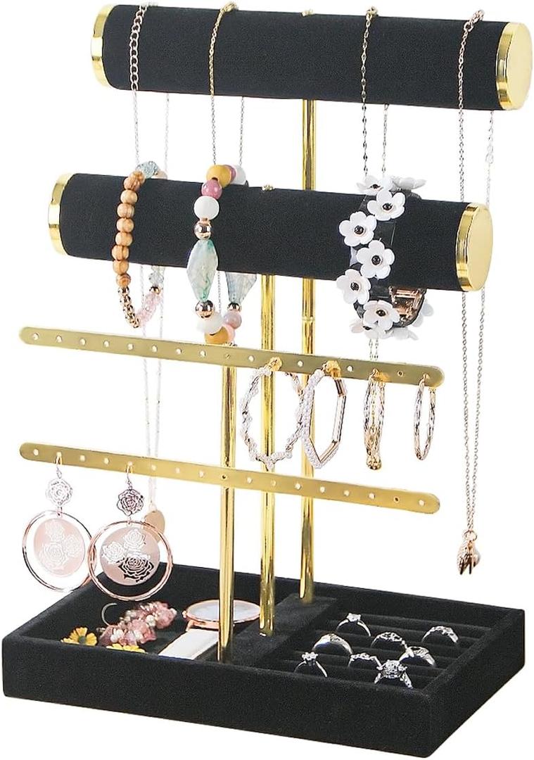 Jewelry Organizer Stand, T-Bar Metal Frame Jewelry Display Stand, Jewelry Display Holder with Tray, Necklace Bracelet Earring Ring Organizer Holder for Women Home Use (Black Velvet)