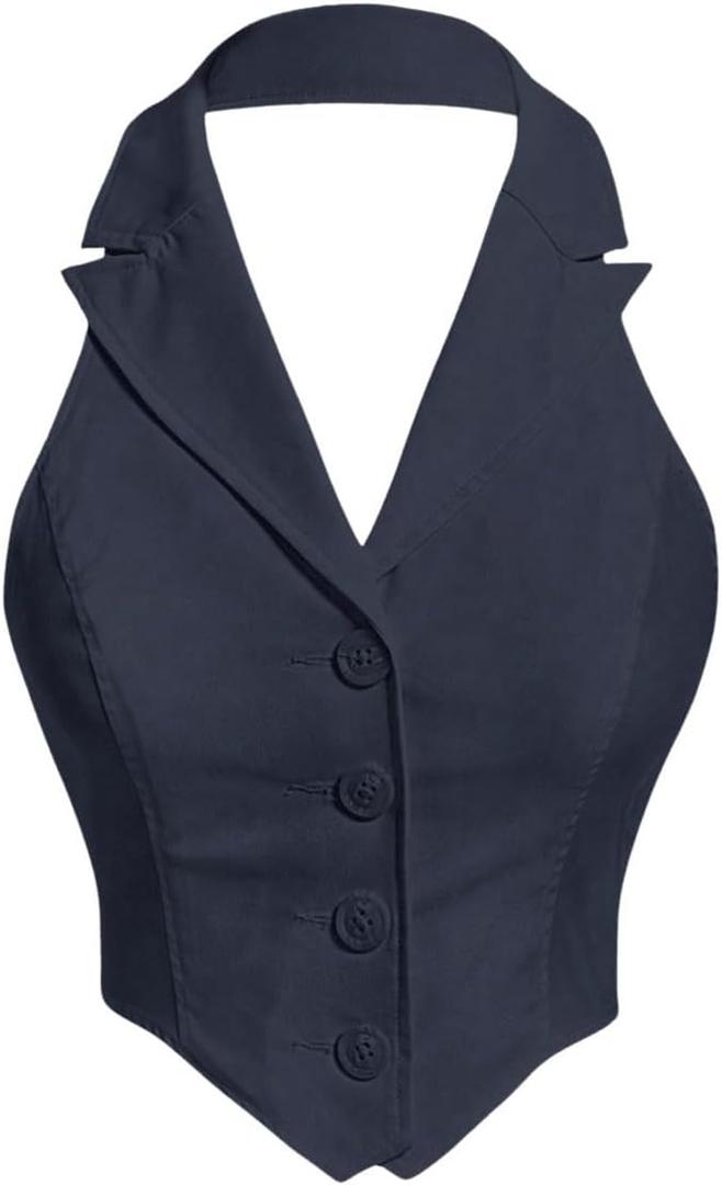 Women's Solid Asymmetrical Hem Backless Crop Tank Tops Sleeveless Casual Button Front Crop Blazer Vest (Medium, Navy Blue)