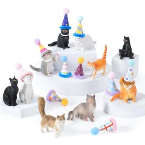 20 Pcs Miniature Cat Figurines with Birthday Hats Kit, Resin Tiny Cat Figurines Cake Toppers for Birthday Cat Cake Party Decorations