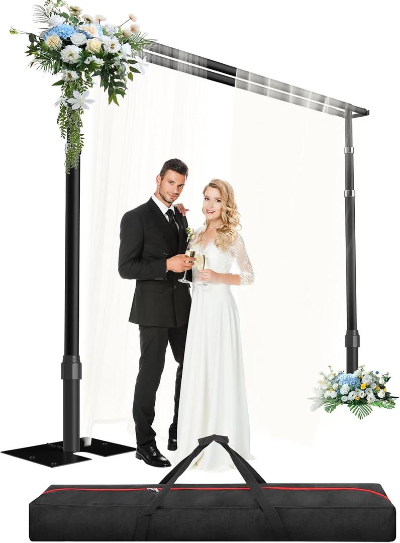 Heavy Duty Backdrop Stand 8.9x10ft, Double Crossbar Pipe and Drape Backdrop Stand Kit, Adjustable Metal Frame, Background Stand for Wedding Birthday Party Decoration-Black