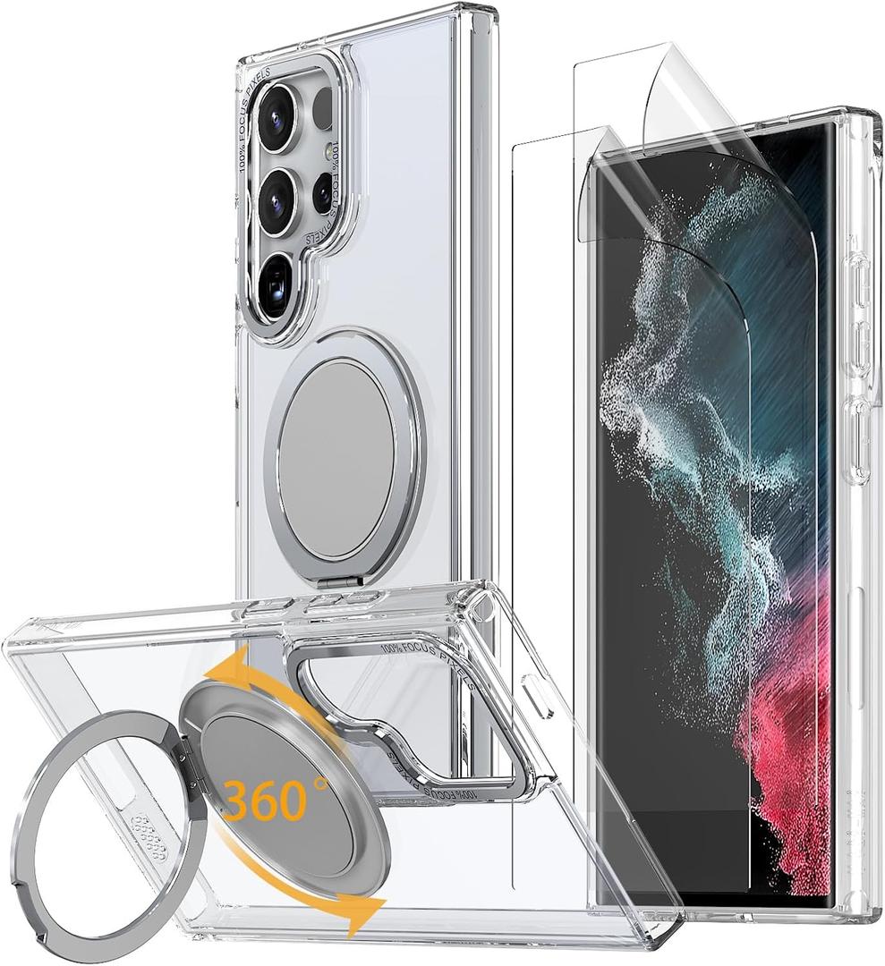 for Samsung Galaxy S22 Ultra/S23 Ultra Case with 360 Magnetic Stand, Compatible with MagSafe, with 2 Screen Protectors, Military-Grade Drop Shockproof Phone Case with Kickstand, Clear