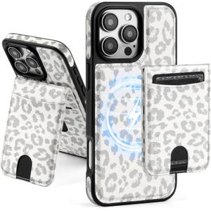 Compatible with Magsafe 2 in 1 Detachable iPhone 16 Pro Wallet Case with Card Holder Women Men,Magnetic PU Leather RFID Blocking Flip Kickstand Credit Slots,for Apple 16 Pro,Leopard-White (iPhone 16 Pro 6.3")