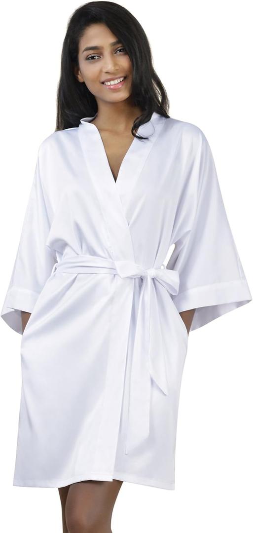 SIORO Women's Satin Robe, Short Bathrobe with V-Neck, 3/4 Sleeves Robe for Bride & Bridesmaids, Wedding Party Sleepwear (XX-Large, White)