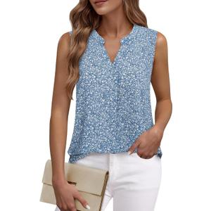 Timeson Women's Chiffon V Neck Sleeveless Blouse Tops Office Work Shirts (Blue, L)