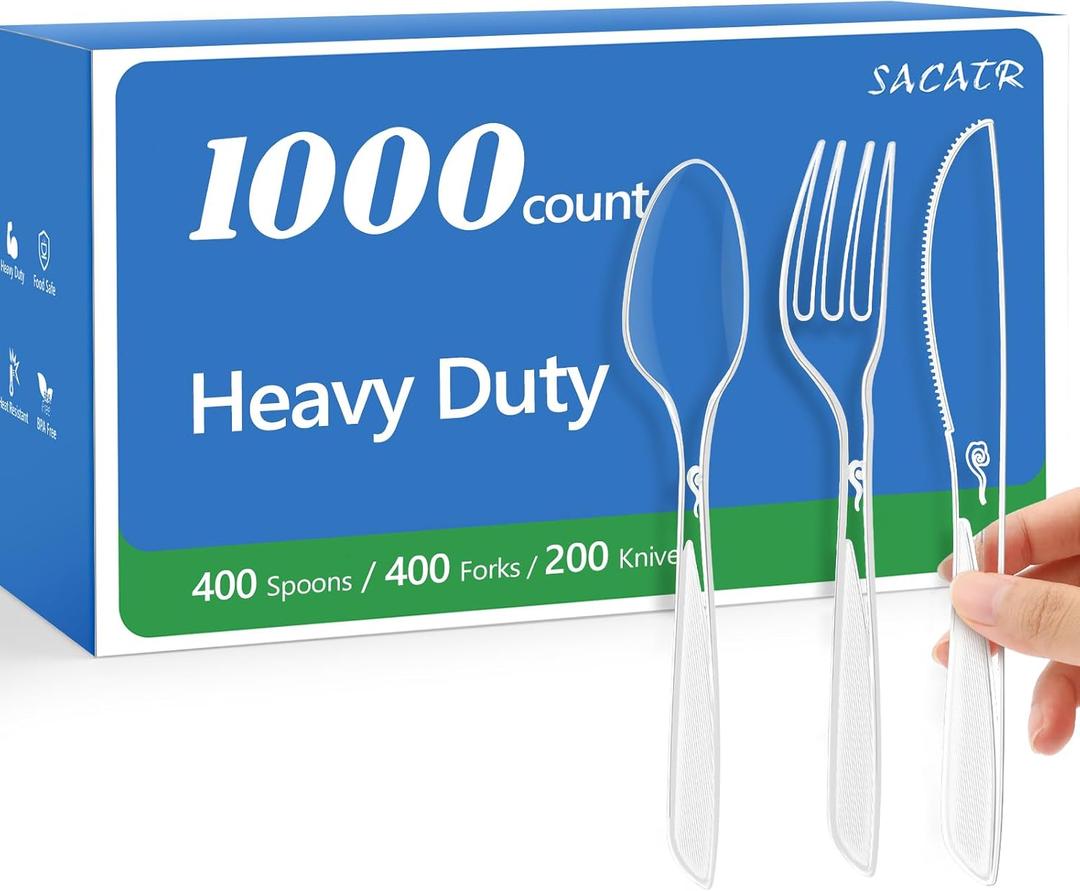 SACATR 1000 Count Plastic Silverware Heavy Duty -400 Forks,400 Forks,200 Knives,BPA-Free,Heat Resistant Disposable Plastic Spoons Bulk, Premium Cutlery for Parties, Events and Everyday Use