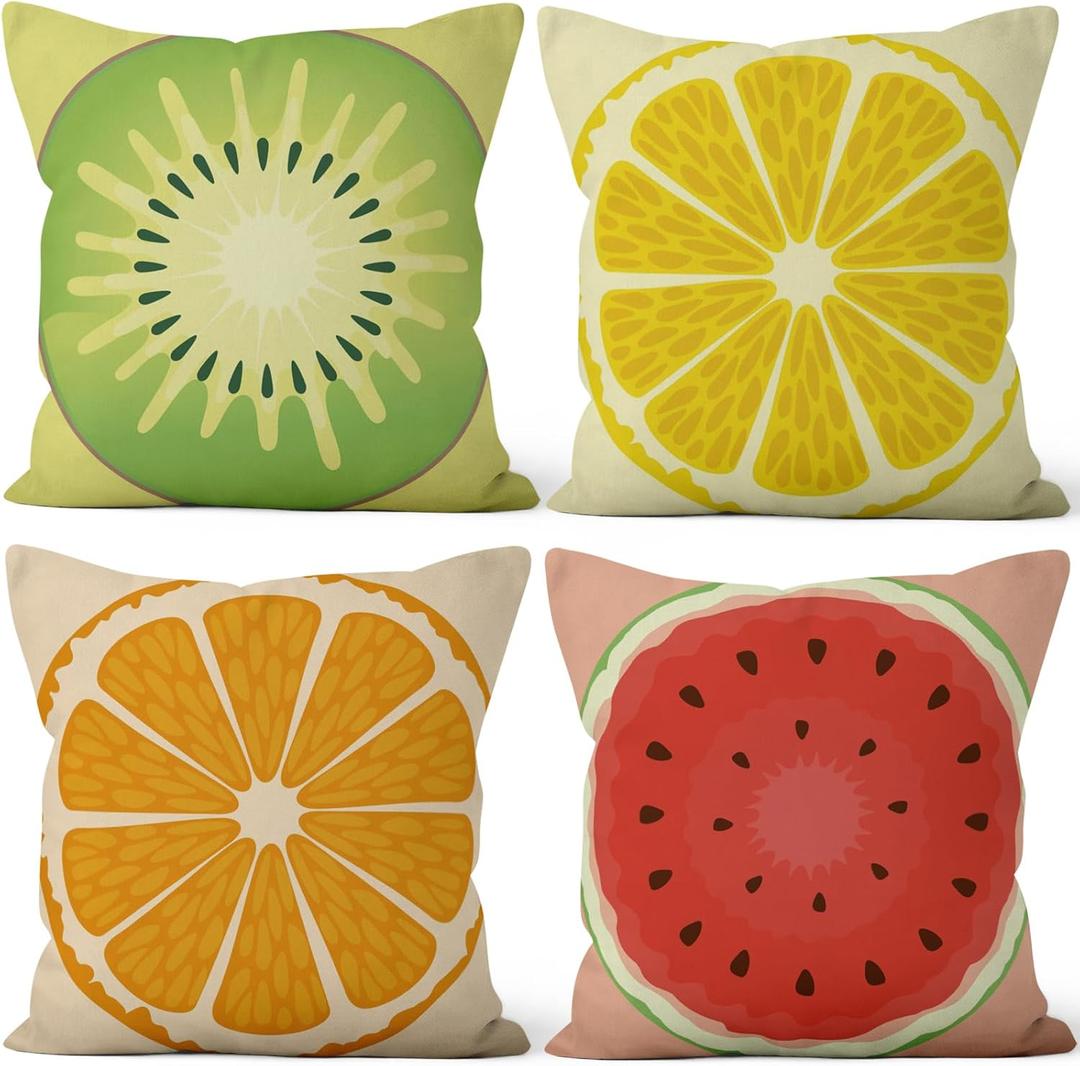 Summer Fruit Throw Pillow Covers 26''x26'' Set of 4, Lemon Watermelon Kiwifruit Orange Pillowcase Colorful Printed Cushion Covers for Couch Sofa Bedroom Farmhouse Garden Patio Decorative
