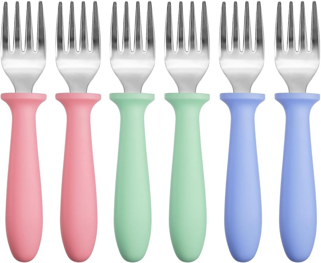 Pimoys 6-Pack Stainless Steel Toddler Forks Baby & Kids Utensils for Self-Feeding Plastic Handle Dishwasher Safe