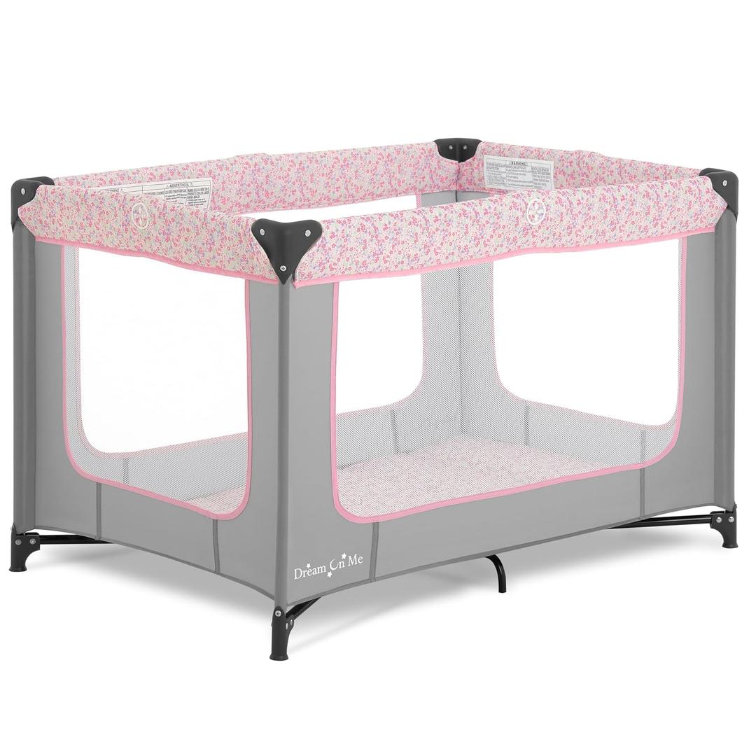 Dream On Me Zodiak Baby Playard, Breathable Mesh Sides, Soft Comfortable Mattress, Quick & Easy to Fold with Travel Carry Bag, Compact Space Saving Design - Grey & Pink