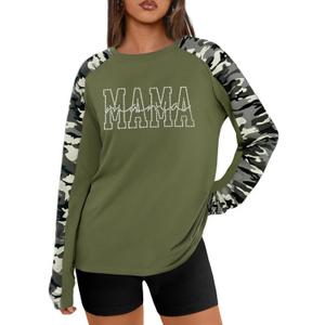 Long Sleeve Mama Shirts for Women Mama Letter Printed T Shirt Auntie Graphic Tees Funny Mom Pullover Top (Green, XXL)