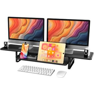 ECO-WILL Dual Monitor Stand Riser, 2-Tier Desktop Shelf with Phone Holder, Cable Management, Storage Organizer, Black (Black)