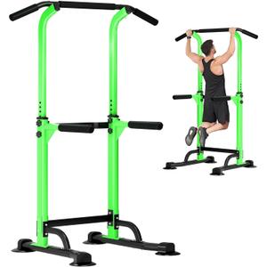 DlandHome Power Tower Pull Up Dip Station Multi-Function Fitness Equipment for Strength Training Adjustable Height Dip Stand for Home Gym (Green)