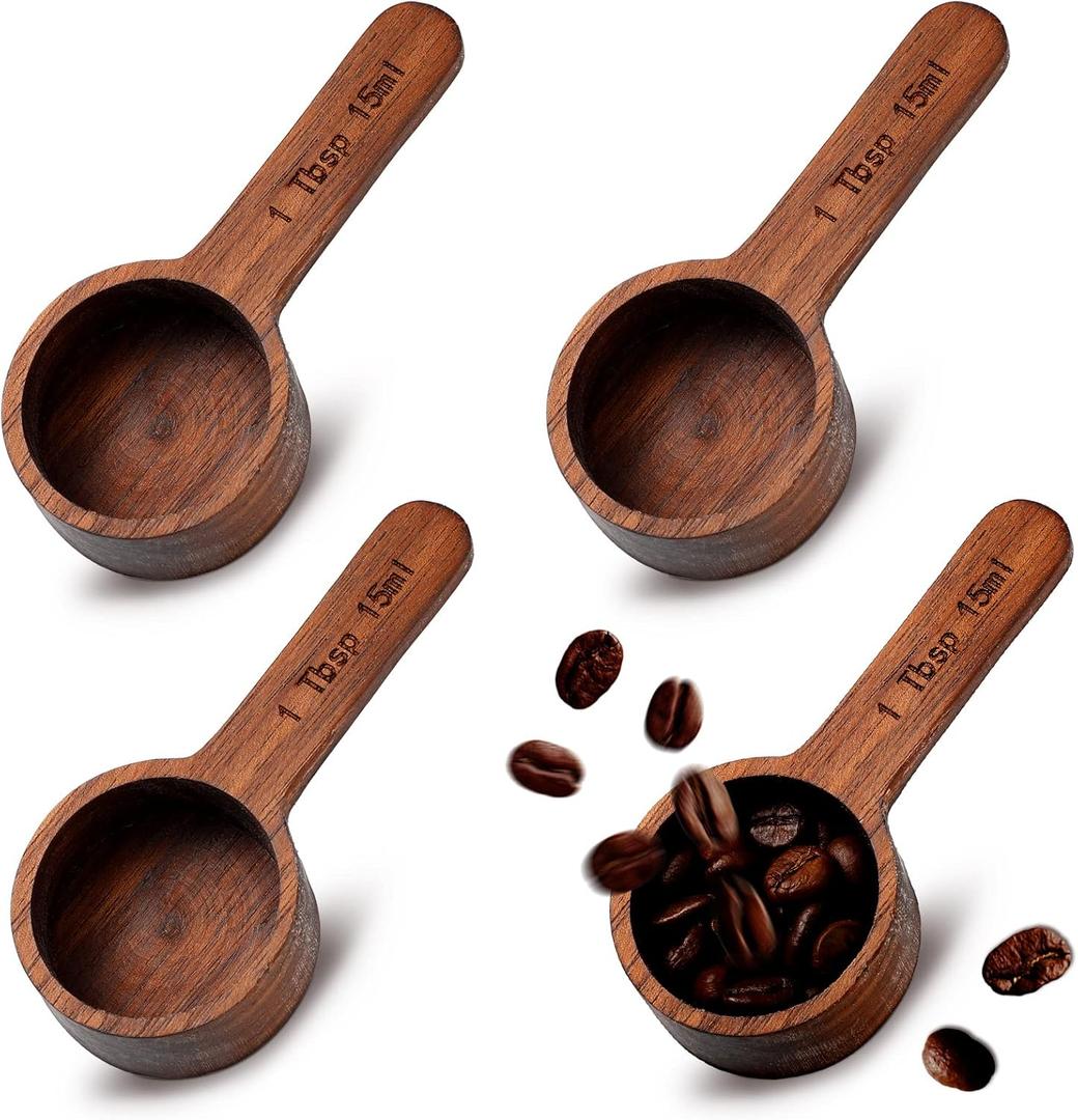 Skyley 4 Pcs Coffee Wooden Scoop for Canisters Jars 15ml 1 Tablespoon Small Coffee Scoop for Ground Café Walnut Wood Measuring Spoons Home Kitchen Accessories for Beans, Tea, Sugar, Bath Salt