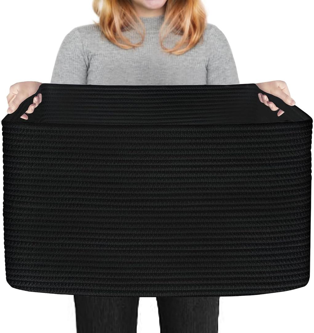 Extra Large Black Basket, 22" X 17" X 12" Rectangle Woven Bin for Storage, Soft Cotton Rope Kids Room Toy Box Bins, Big Wicker Basket Organizer for Blankets, Pillows, Laundry