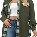 IN'VOLAND Womens Plus Size Corduroy Shacket Jacket Plaid Button Down Shirts Boyfriend Casual Long Sleeves Blouses Tops, 26W