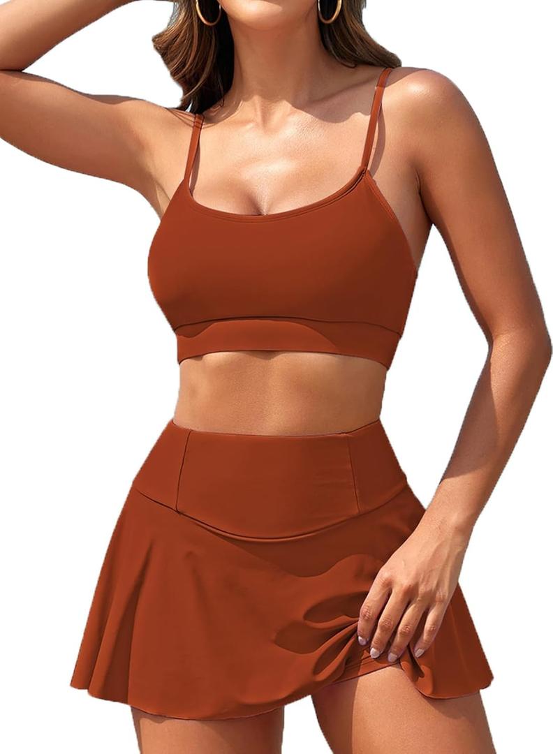 Kisscynest Womens Swim Skirt High Waisted Bikini Sets Two Piece Tummy Control Swimsuits Scoop Neck Sporty Bathing Suit (Large, Burnt Orange)