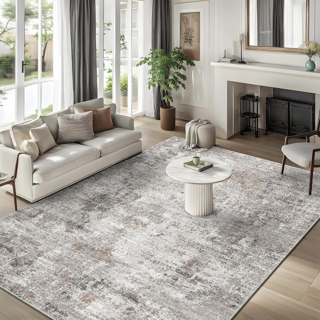 5x7 Non-Slip Machine Washable Area Rug - Modern Abstract Neutral Carpet for Living Room, Bedroom, Kitchen, Dining Room, Office - Soft Low Pile Stain-Resistant Rug with Rubber Backing (Beige, Grey)
