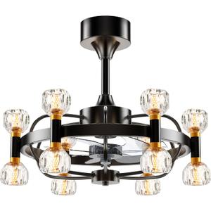 Chandelier Ceiling Fans with Lights and Remote, 22.8in Black and Gold Rustic Vintage Cage Ceiling Fan with Crystal G9 Bulb Bases, Crystal Fandelier Ceiling Fan for Bedroom Living Room