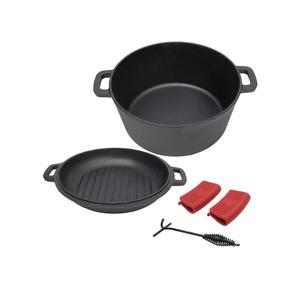 LuckyNote 3 in 1 Pre-Seasoned Cast Iron Dutch Oven, Outdoor Camping Deep Pot, 5 Quart. Cover As A Skillet with Ribbed Bottom Design. With 2pcs Silicone Handel Covers, 1PC Lid Lifter