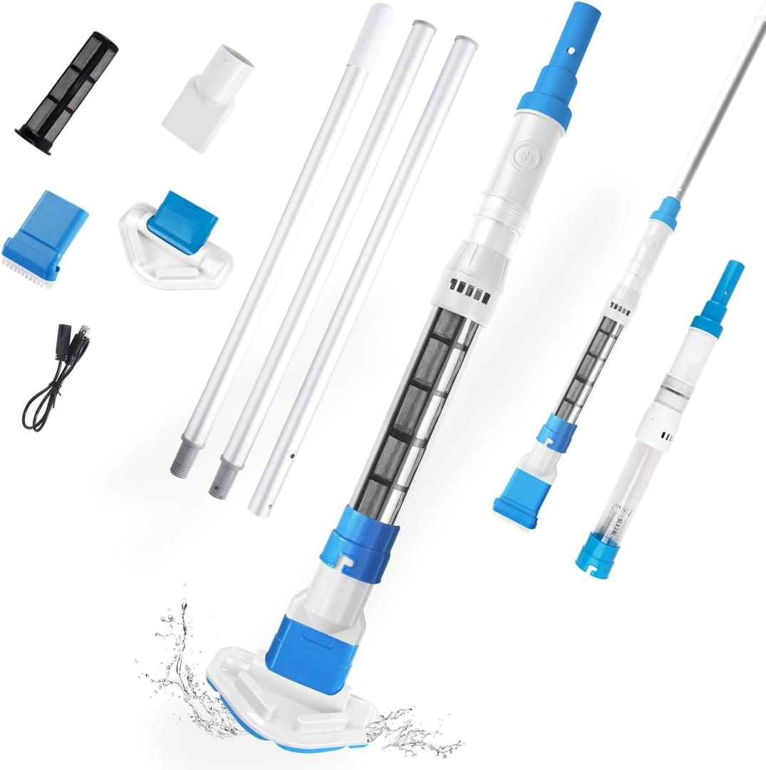 Handheld Pool Vacuum, Cordless Rechargeable Cleaner with Replaceable Brush Head, Powerful Suction, with Telescopic Poles, Ideal for Spas, Hot Tubs, Above-Ground Pools