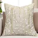 VAGMINE Embroidered Botanical Accent Pillow Cover 20x20 – Natural Linen Square Cushion Cover for Farmhouse Chair & Couch Styling – Forest