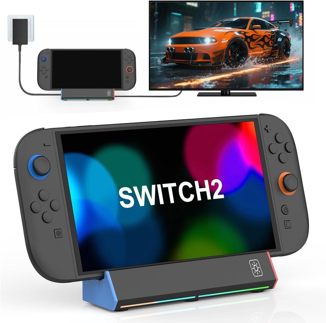 Switch 2 Dock Station for Nintendo Switch 2, Portable TV Docking Replacement Base Stand with 4K HDMI/Type C Port/3.0 USB Port/RGB Led Light for Official Nintendo Switch-2
