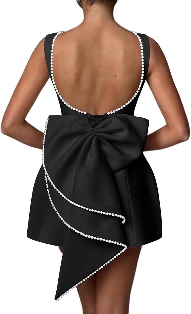 Mini Pearl Cocktail Dress with Bow Satin Evening Dress Backless Bodycon Formal Party Gowns AD045 (6, Black)