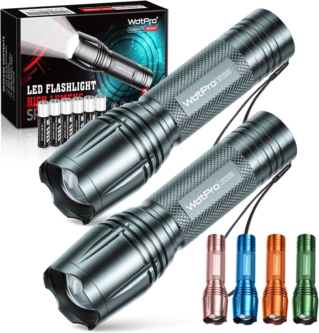 WdtPro LED Flashlight High Lumens SR2000 Pro, 2 Pack Brighter Tactical Flashlights with 5 Modes & Zoomable, Powerful Mini Flash Light for Emergency, Camping, Hiking (Grey)