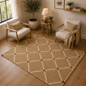 Hand Woven Jute Rug 4'x6' Area Rug - Rectangular Handcrafted Premium Geometric Design, Indoor Reversible Natural Fiber Rugs - Rustic Farmhouse Carpet for Living Room, Hallway, Bedroom - Natural