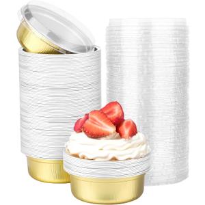 Beasea Aluminum Ramekins With Lids, 100 Pack 8.8oz 260ml 4 Inch Disposable Foil Aluminum Baking Cups Round Oven Baking Mini Cupcake Cups for Party - Golden