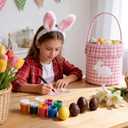 2 Pack Easter Basket with Bunny Name Tags Pink Purple Gingham Fabric with Embroidered Bunny Pattern Bucket with Handle and Ruffle Trim Reusable Rabbit Gift Bag for Easter Eggs Hunt Decorations