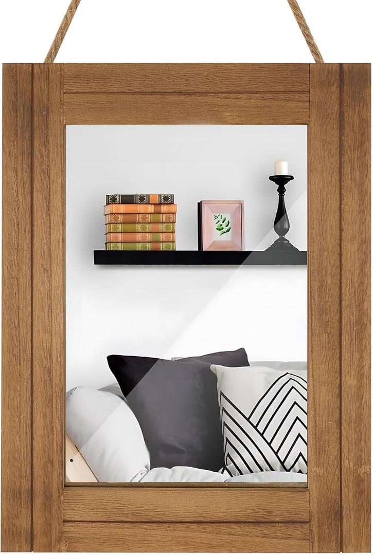 DECORKEY Rectangle Wall Mirror for Bathroom, Distressed White Wood Decor with Hanging Rope for Rustic Home Decor, Vanity, Living Room 12"×16"（Wooden）