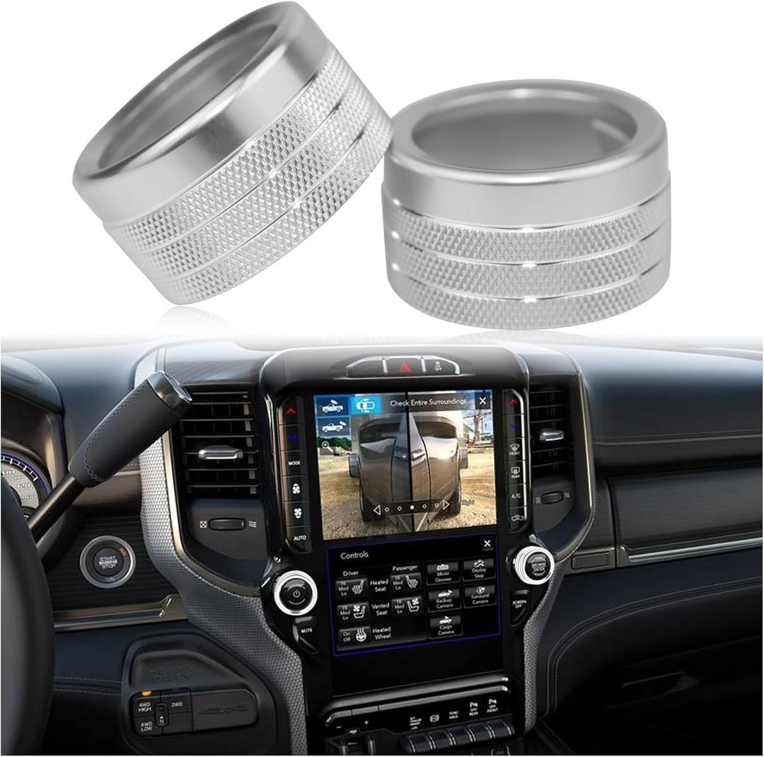 Center Console Screen Audio Knob Cover Compatible with Dodge Ram 2019 2020 2021 2022 2023 Screen Audio Control Volume Tune Control Switch Knobs Button Cover Interior Trim 2PCS (Silver)