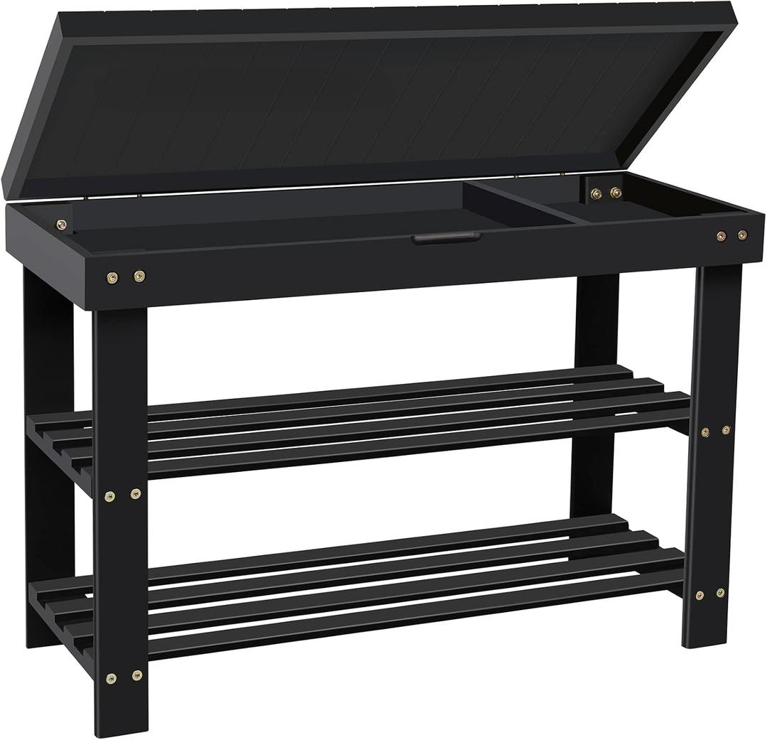 BAMBUROBA Shoe Rack Bench for Entryway,3-Tier Bamboo Small Bench with Storage Drawer,Shoe Shelf Organizer Indoor Outdoor Use,Black