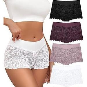 Lace Boyshort Sexy Underwear Womens Panties Cheeky Plus Size Lingerie Stretch Cotton Waistband, XL 4Pack