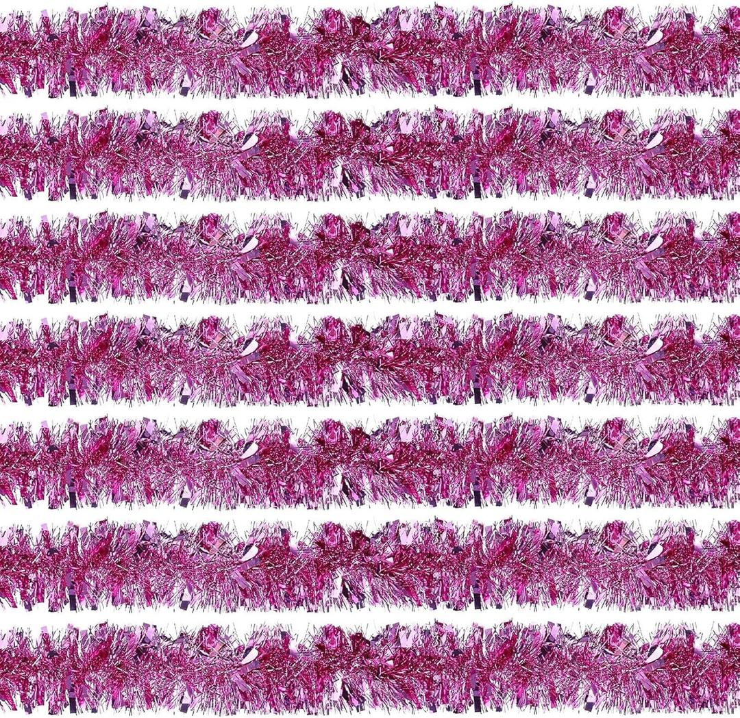 100 FT Pink Tinsel Garland Christmas Halloween Garland Decorations Metallic Tinsel Twist for Christmas Tree New Year Holiday Birthday Party Decorations (3.54" x 100', Pink)