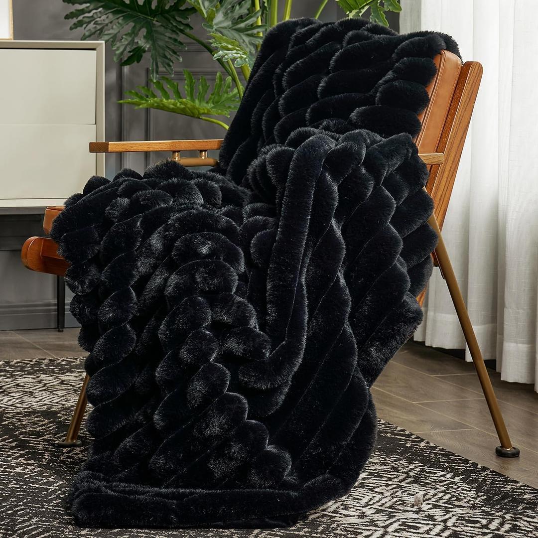Cozy Bliss Faux Fur Throw Blanket for Couch, Cozy Warm Plush Striped Blanket for Sofa Bedroom Living Room,50" x 60" Black