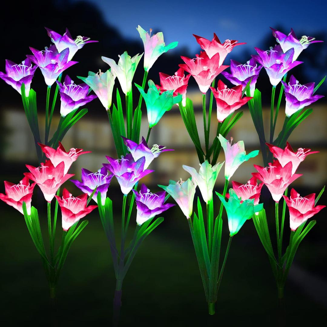KOOPER Outdoor Solar Lights, 8 Pack Solar Garden Light with Bigger Lily Flowers, Waterproof 7 Color Changing Solar Lights Outdoor - Bigger Panel for Patio Yard Garden Decoration, Gift for Mom