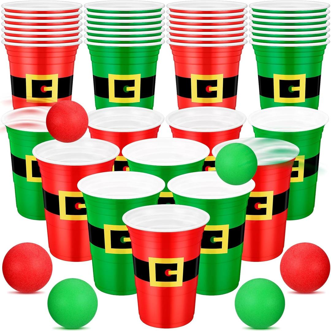 Leitee 22 Pcs Christmas Supplies Set Includes 16 oz Beer Cups with 8 Balls Set Christmas Party for Xmas House Party Birthdays Holidays(Red and Green,Santa)