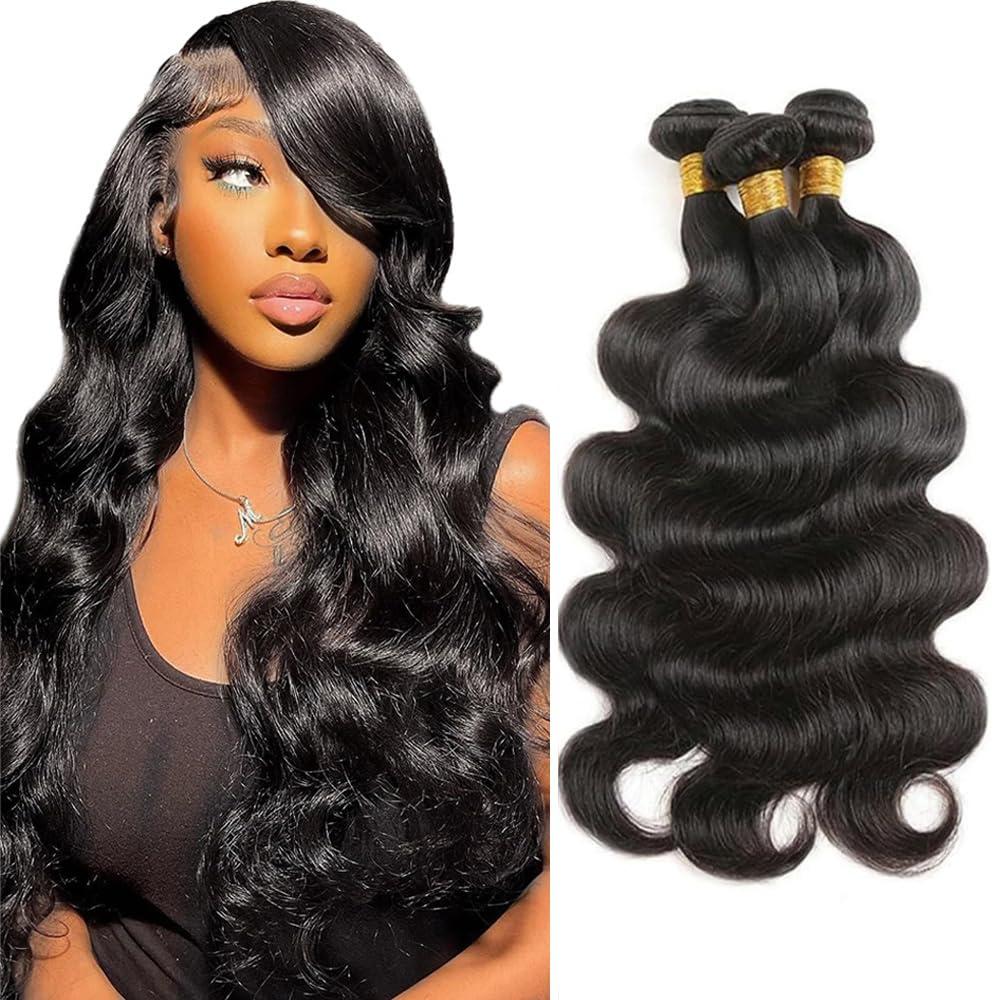 Body Wave Bundles Color #1B Body Wave Bundle Human Hair 3 Bundles 30 30 30 Inch Peruvian Virgin Remy Hair Double Weft Hair Extensions Natural Black Color