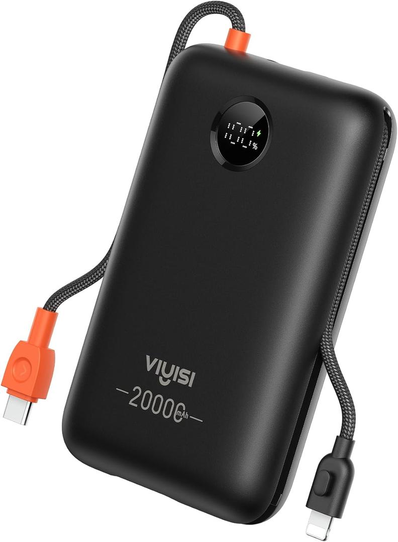 Portable Charger 20000mAh 30W Fast Charging, Power Bank with Built-in Cables & LED Display, USB C Battery Pack for iPhone, Samsung, iPad and Android Phones, Ideal for Travel -Black